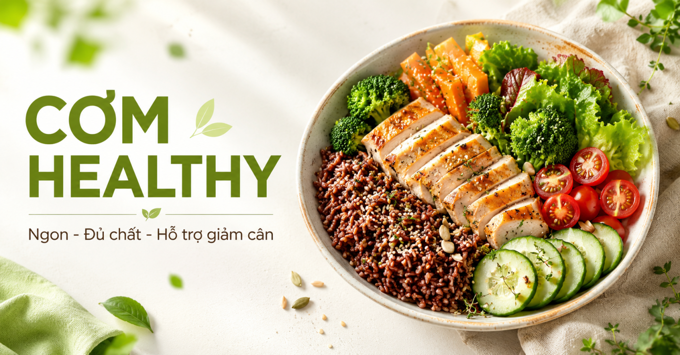 Cơm healthy giảm cân hấp dẫn với gạo lứt, ức gà áp chảo, bông cải xanh, cà rốt, cà chua bi, xà lách và dưa leo. Ảnh sáng, tươi, sạch sẽ, phù hợp làm ảnh đại diện cho bài viết về cơm healthy tại Greenny Food.